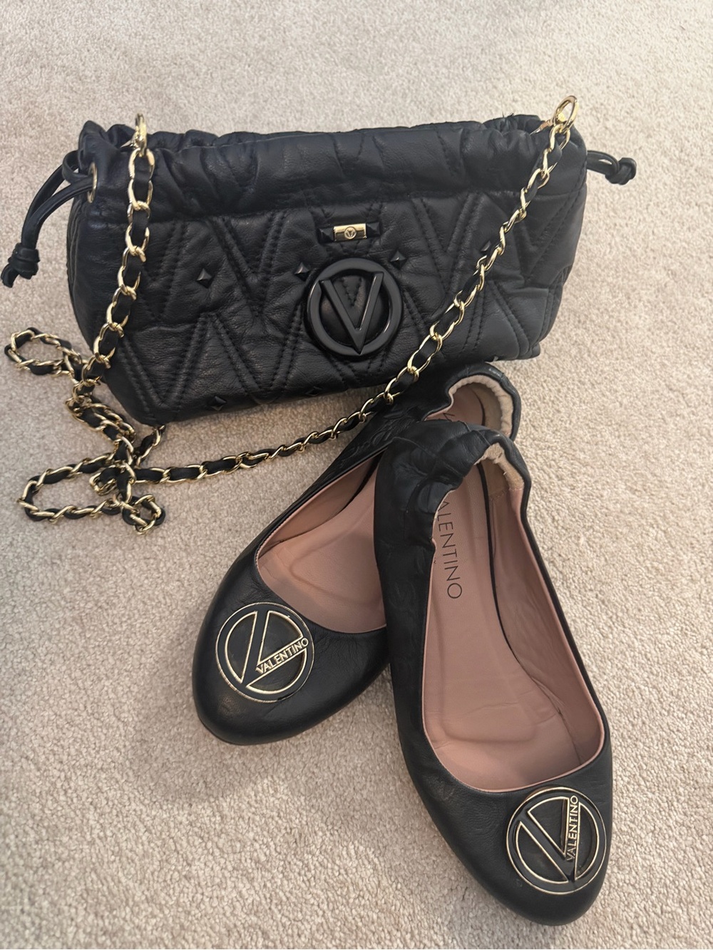 Valentino Black Leather Ballet Flats with Black Quilted Chain Shoulder Bag
